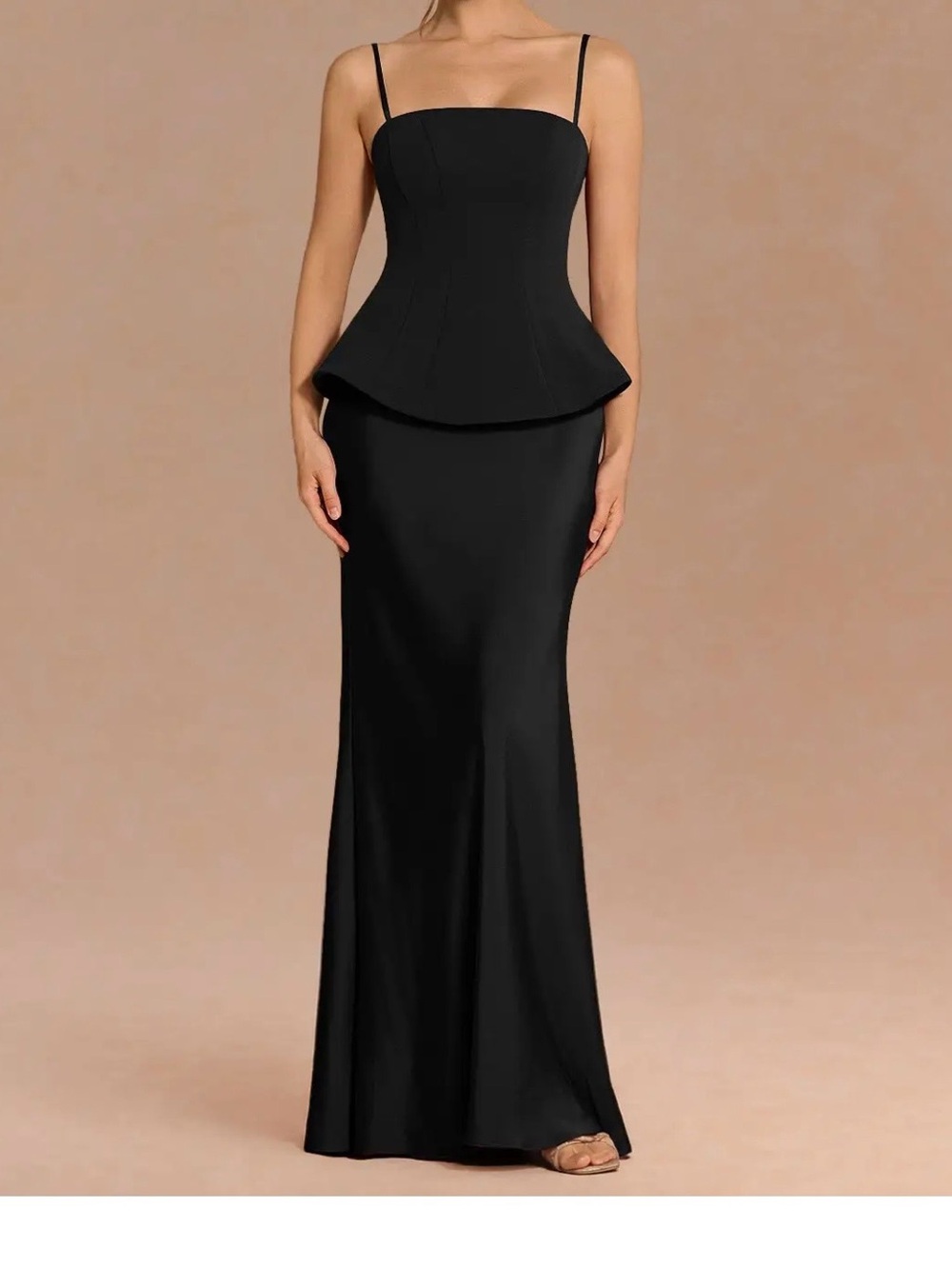 Azazie Black Peplum Bodice Spaghetti Strap Evening Gown